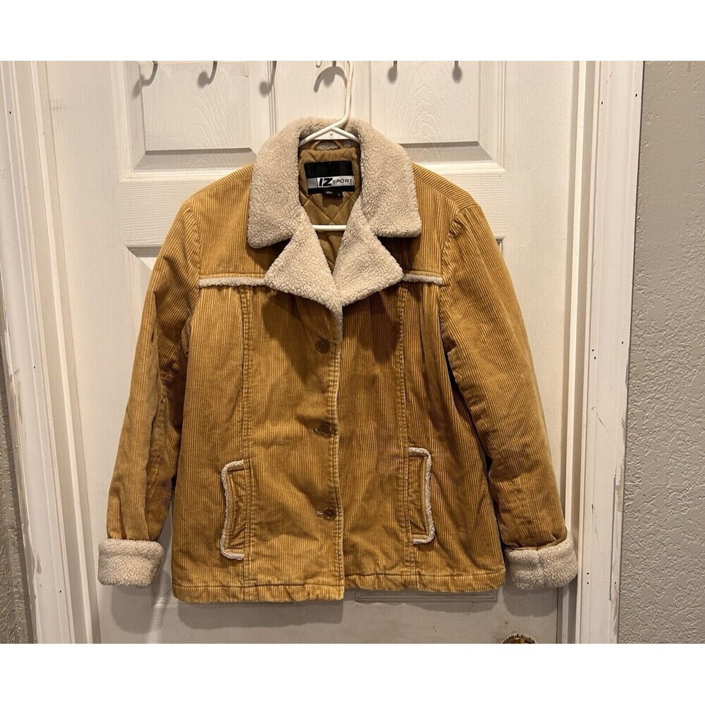 Vintage IZ Sport Tan Corduroy Button Front Sherpa Lined Jacket Women’s Medium‎